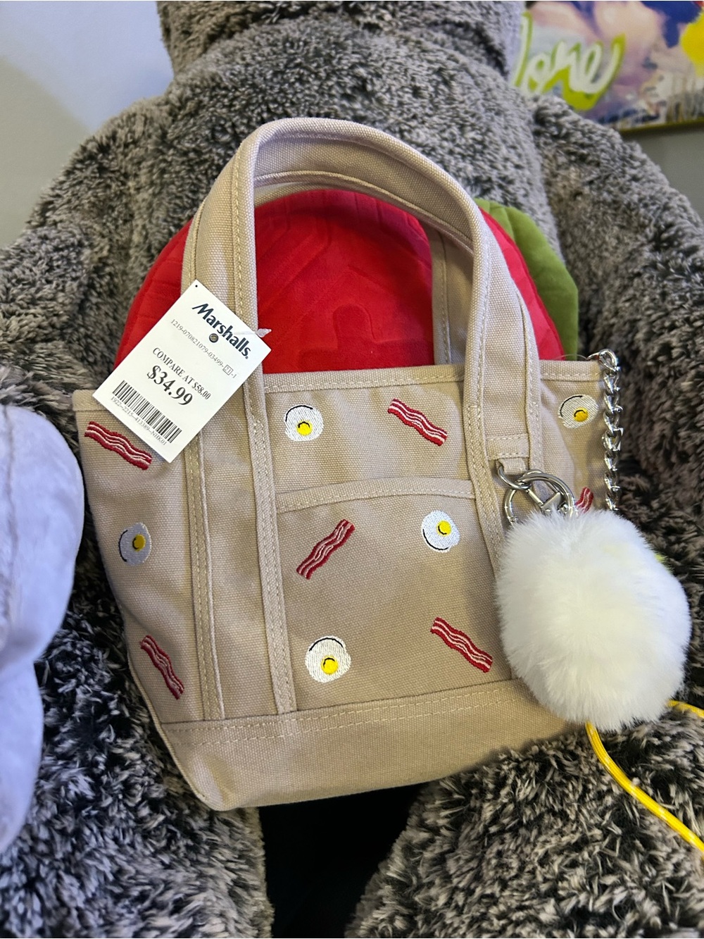 Steve Madden Beige Tote with Bacon & Egg Embroidery